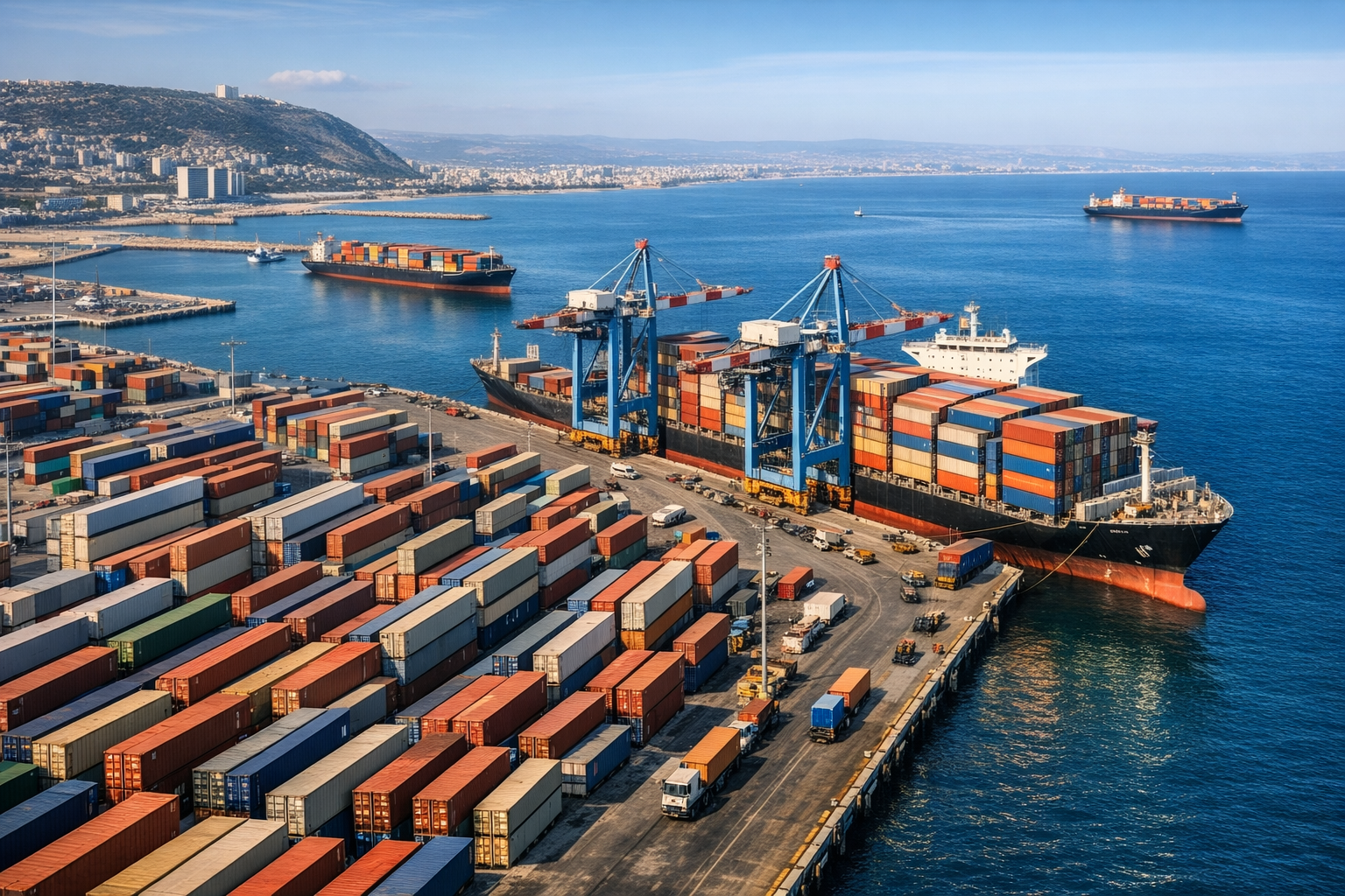 Shipping containers in transit between Belgium and Israel representing container-level food supply
