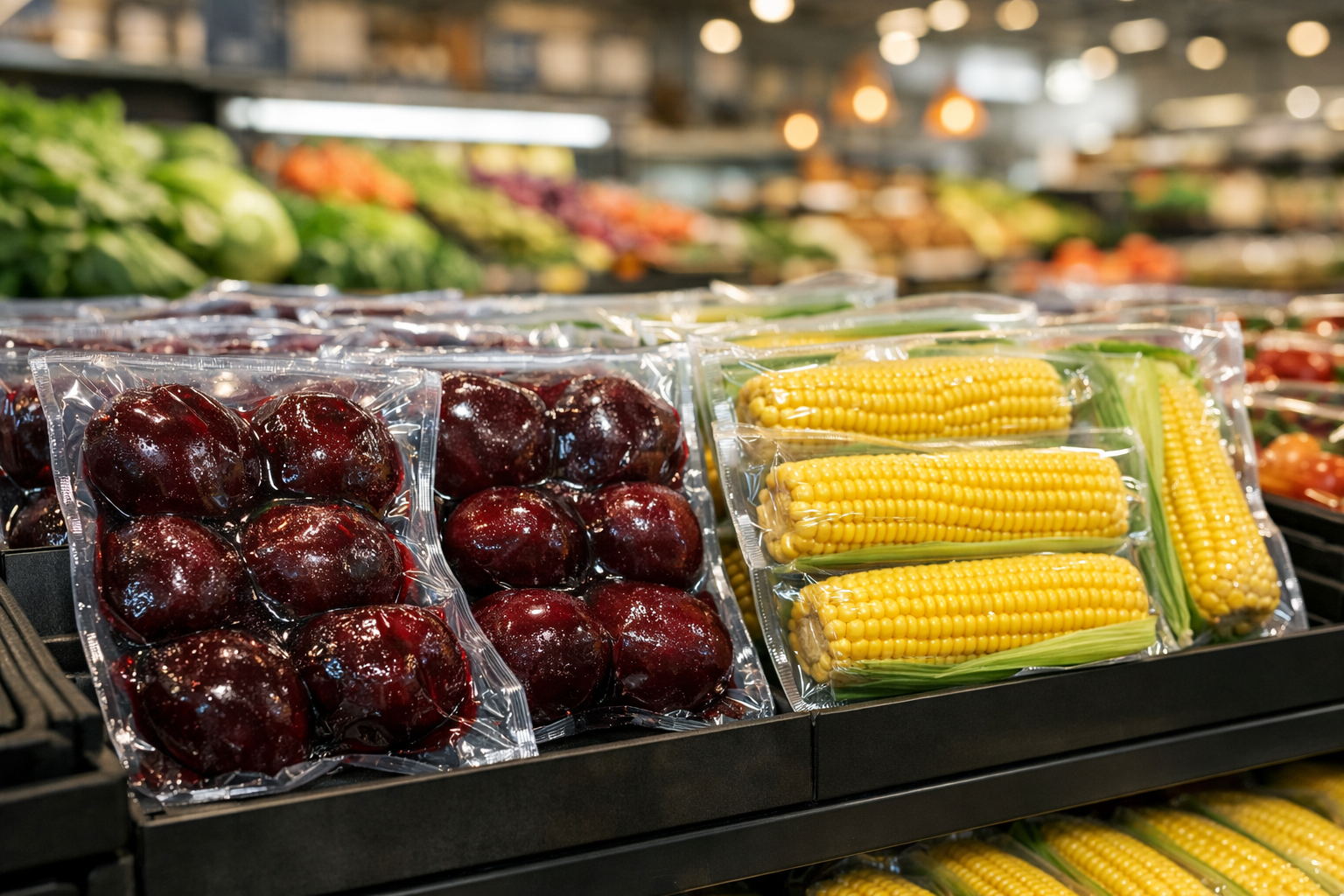 {"alt_text": "Fresh produce display at Israeli market with colorful fruits and vegetables arranged for sale"}