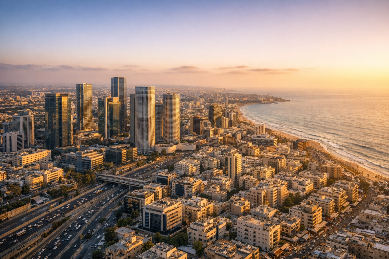 Tel Aviv city aerial view with Mediterranean coastline